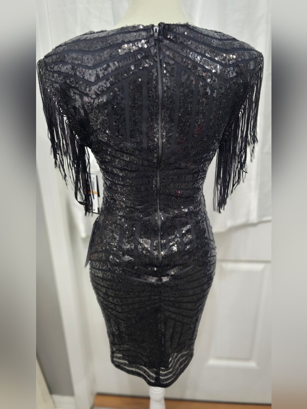 City Studio NWT Black Sequin Fringe Shoulder Bodycon Cocktail Dress 3/4 - Picture 2 of 12